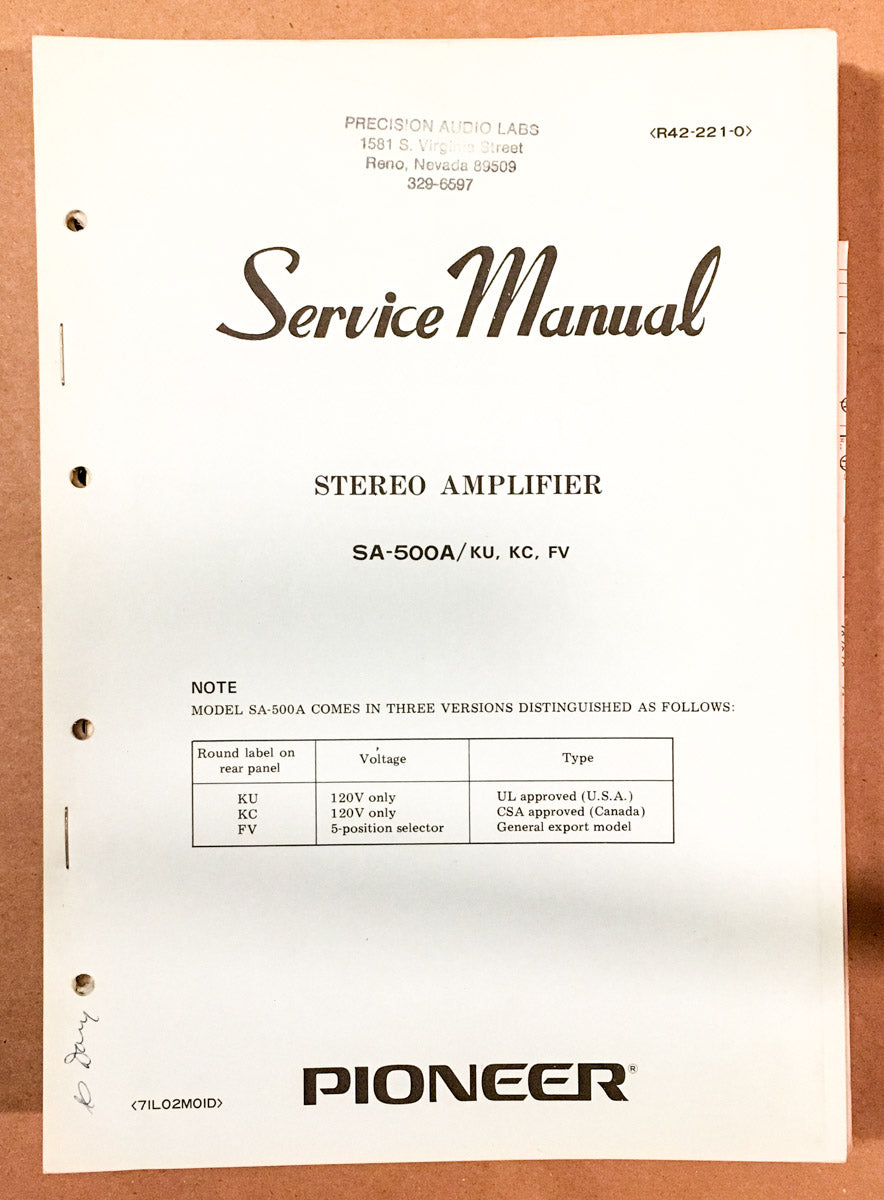 Pioneer SA-500A Amplifier Service Manual *Original*