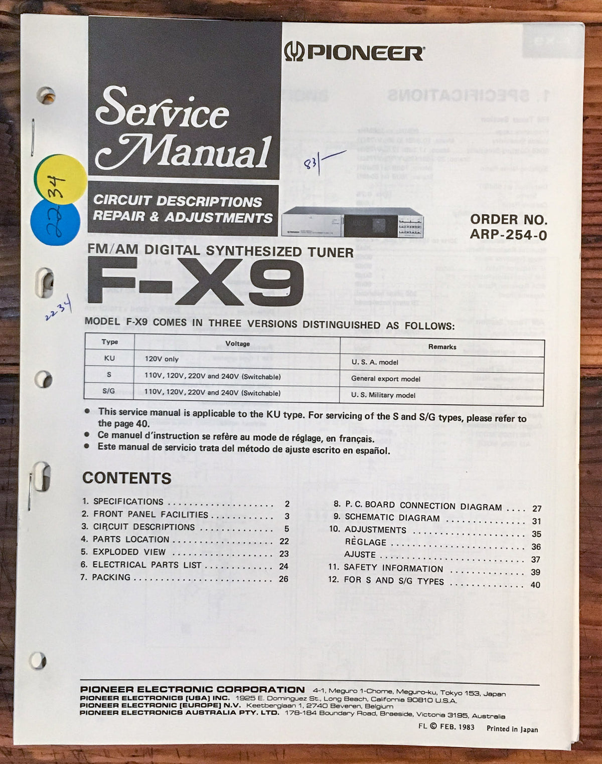 Pioneer F-X9 Tuner Service Manual *Original*