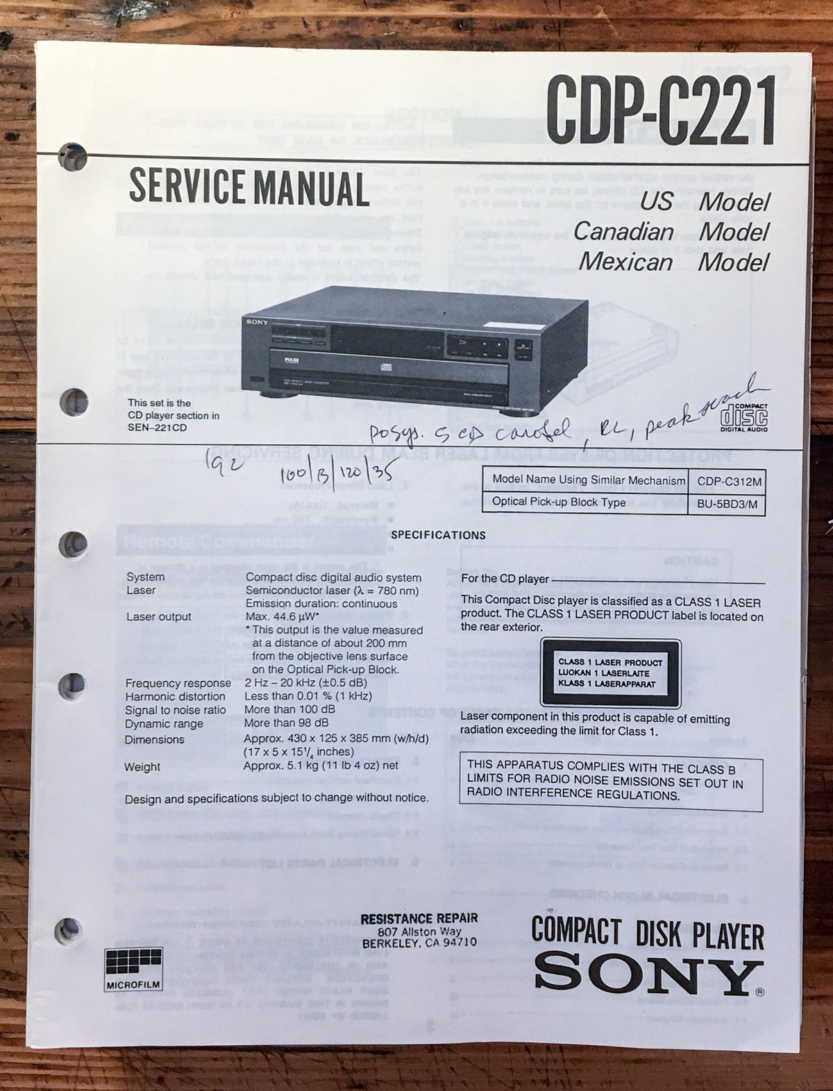 Sony CDP-C221 CD Player Service Manual *Original*