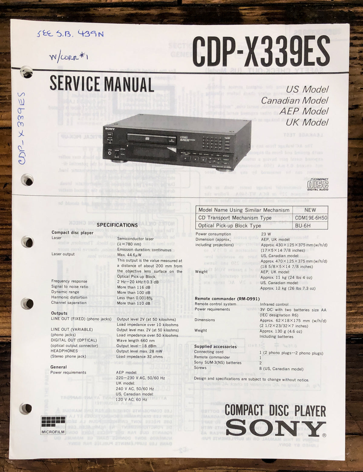Sony CDP-X339ES CD Player Service Manual *Original*