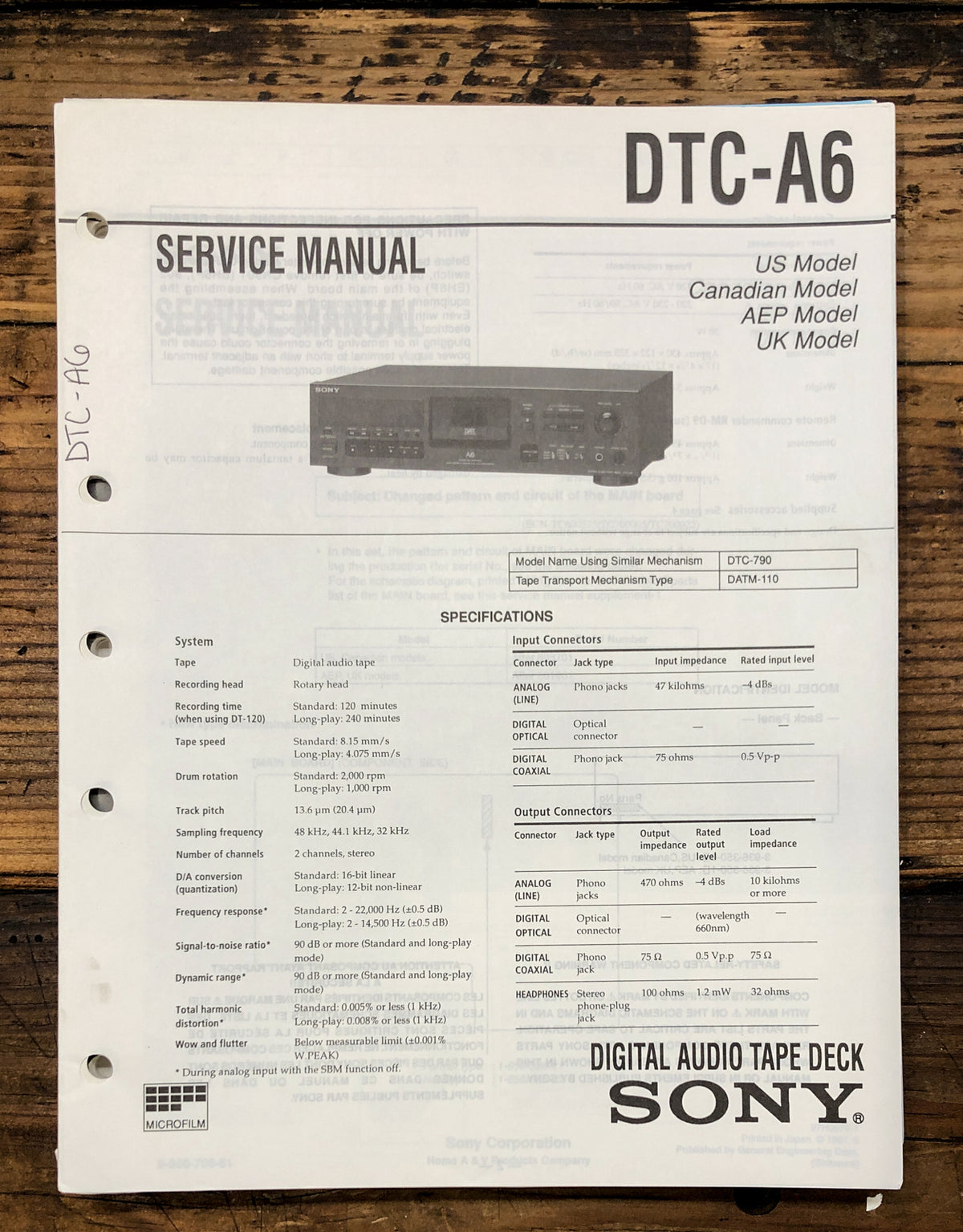 Sony DTC-A6 DAT Tape Deck Service Manual *Original*