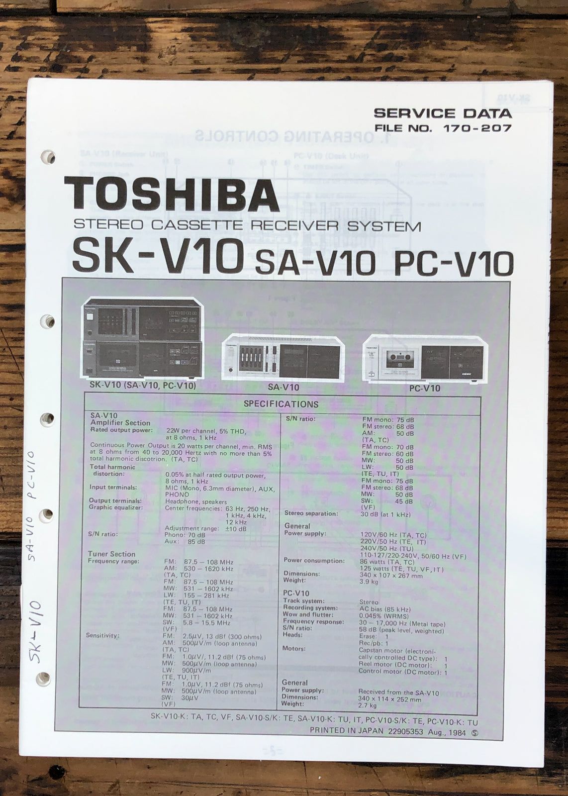 Toshiba SK-V10 SA-V10 PC-V10 Stereo Service Manual *Original*