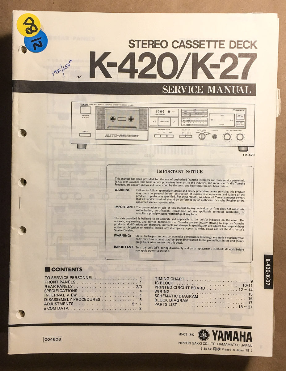 Yamaha K-420 K-27 Cassette Service Manual *Original*