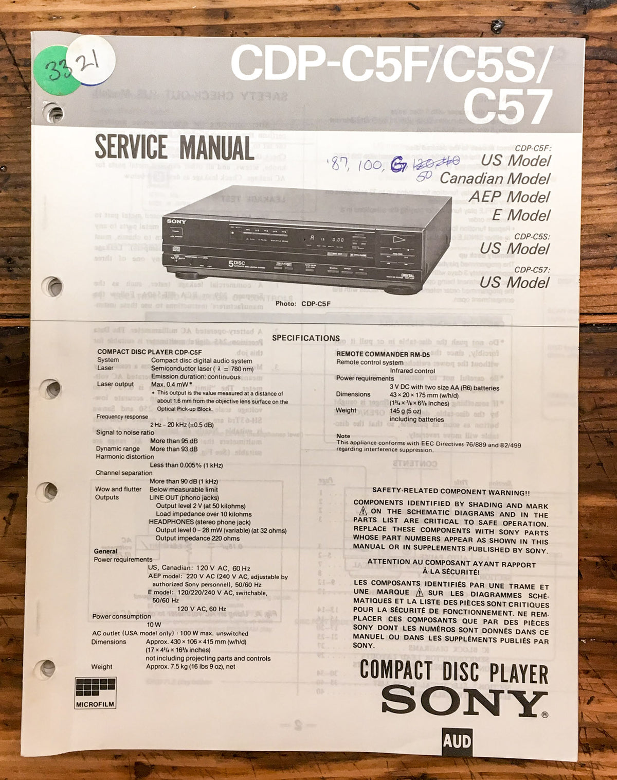 Sony CDP-C5F CDP-C5S CDP-C57 CD Player Service Manual *Original*