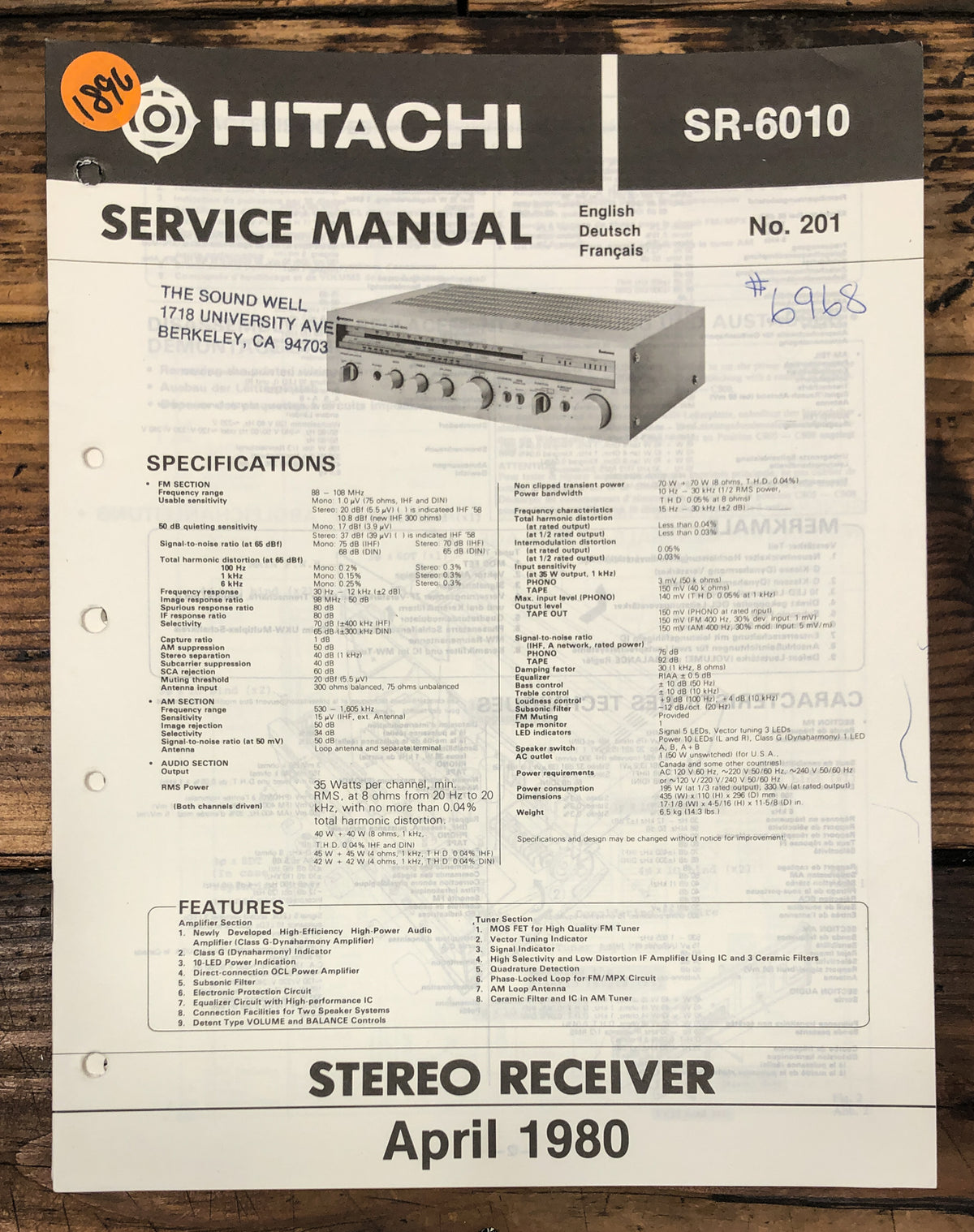 Hitachi SR-6010 Receiver Service Manual *Original*