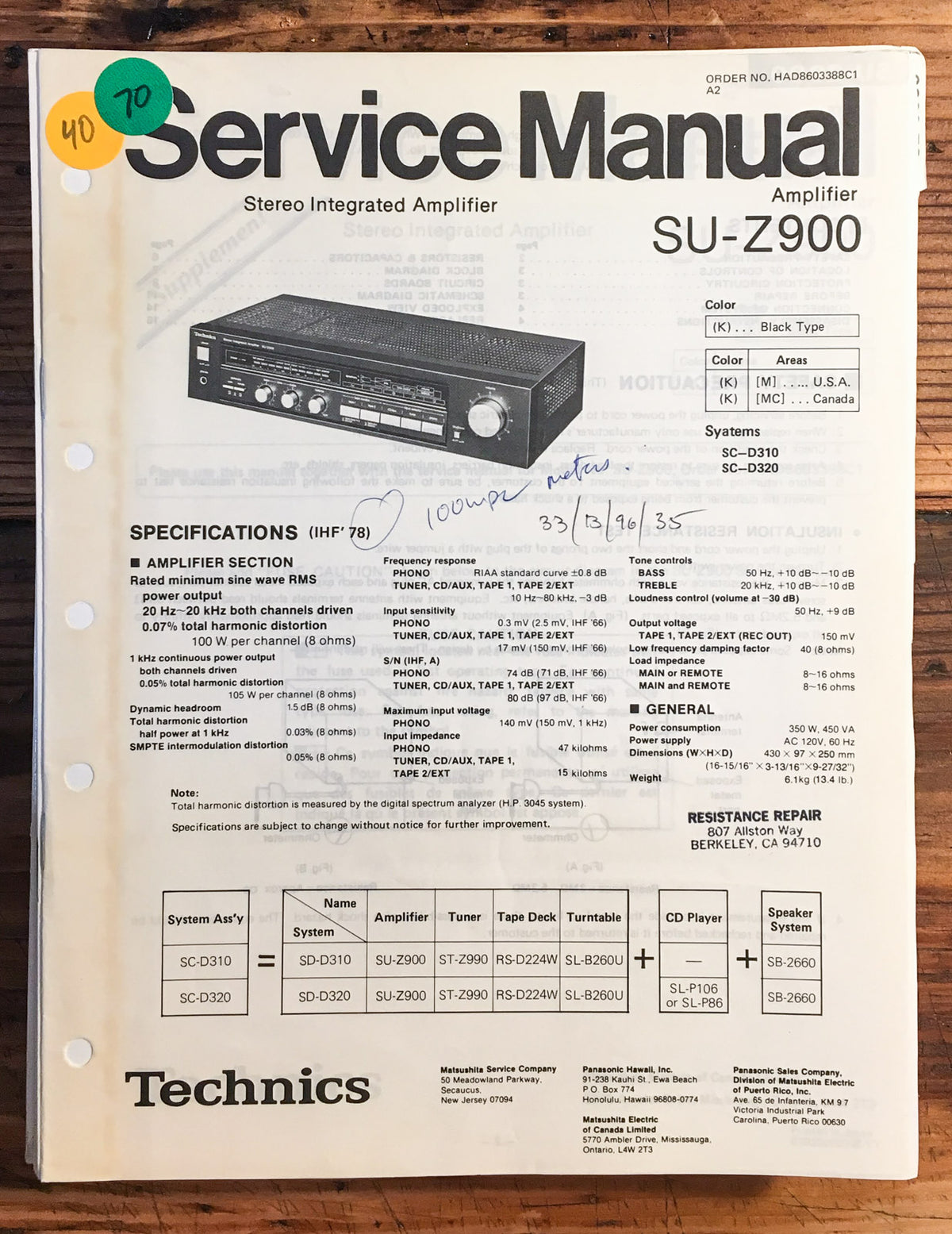 Technics SU-Z900 Amplifier Service Manual *Original*