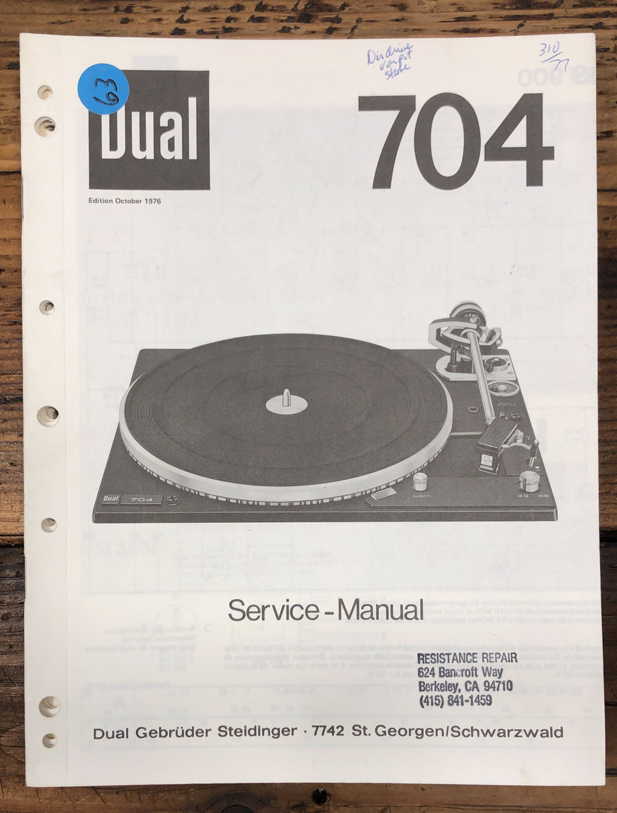 Dual Model 704 Record Player / Turntable Service Manual *Original*