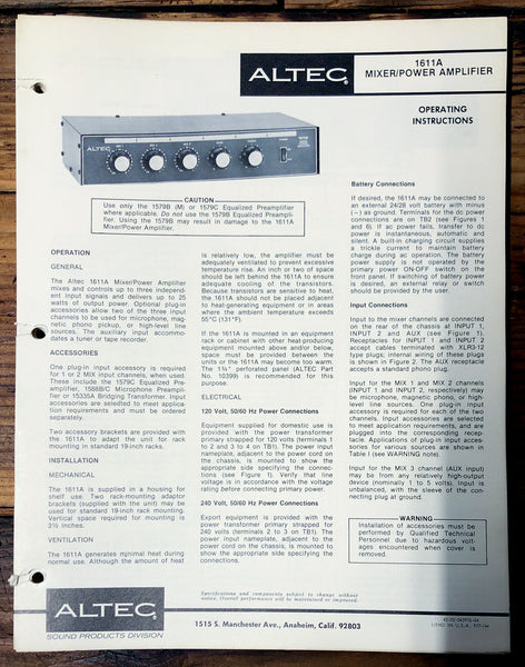 Altec Model 1611A Amplifier  Owners Manual & Schematic *Orig*