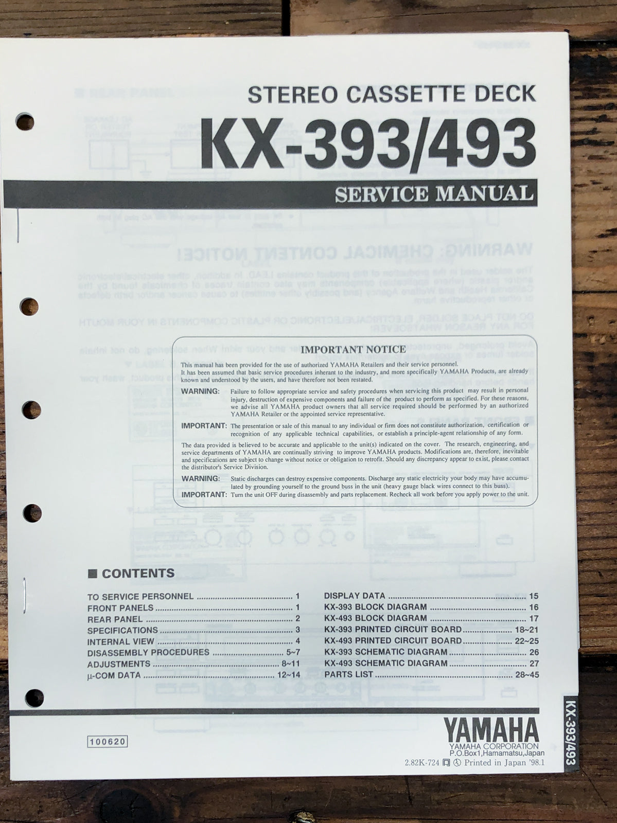 Yamaha KX-393 KX-493 Cassette Service Manual *Original*