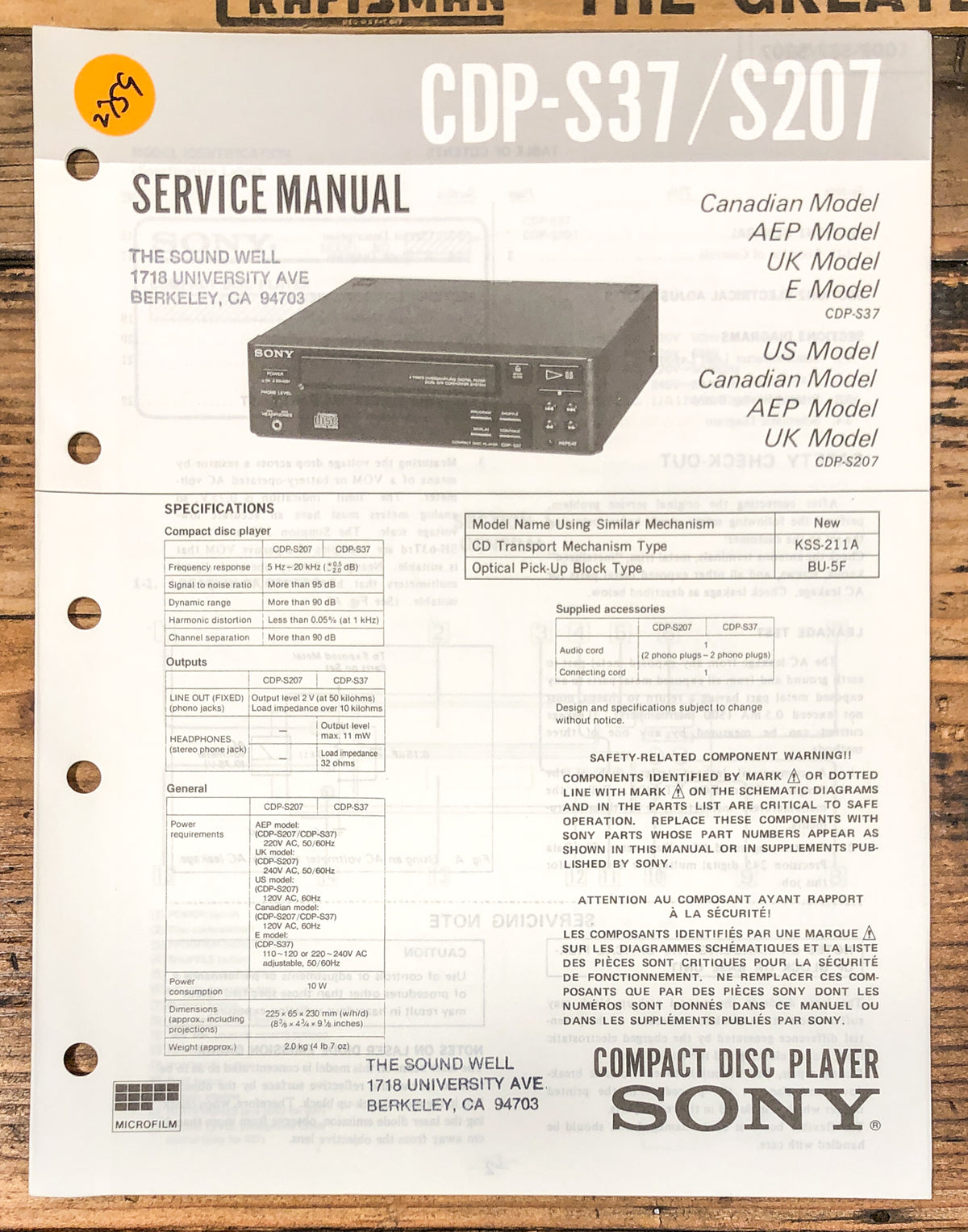 Sony CDP-S37 CDP-S207 CD Player Service Manual *Original*
