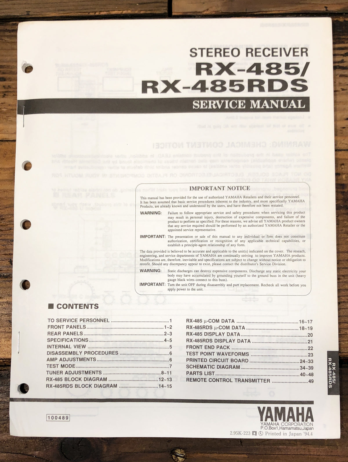 Yamaha RX-485 RX-485RDS Receiver Service Manual *Original*