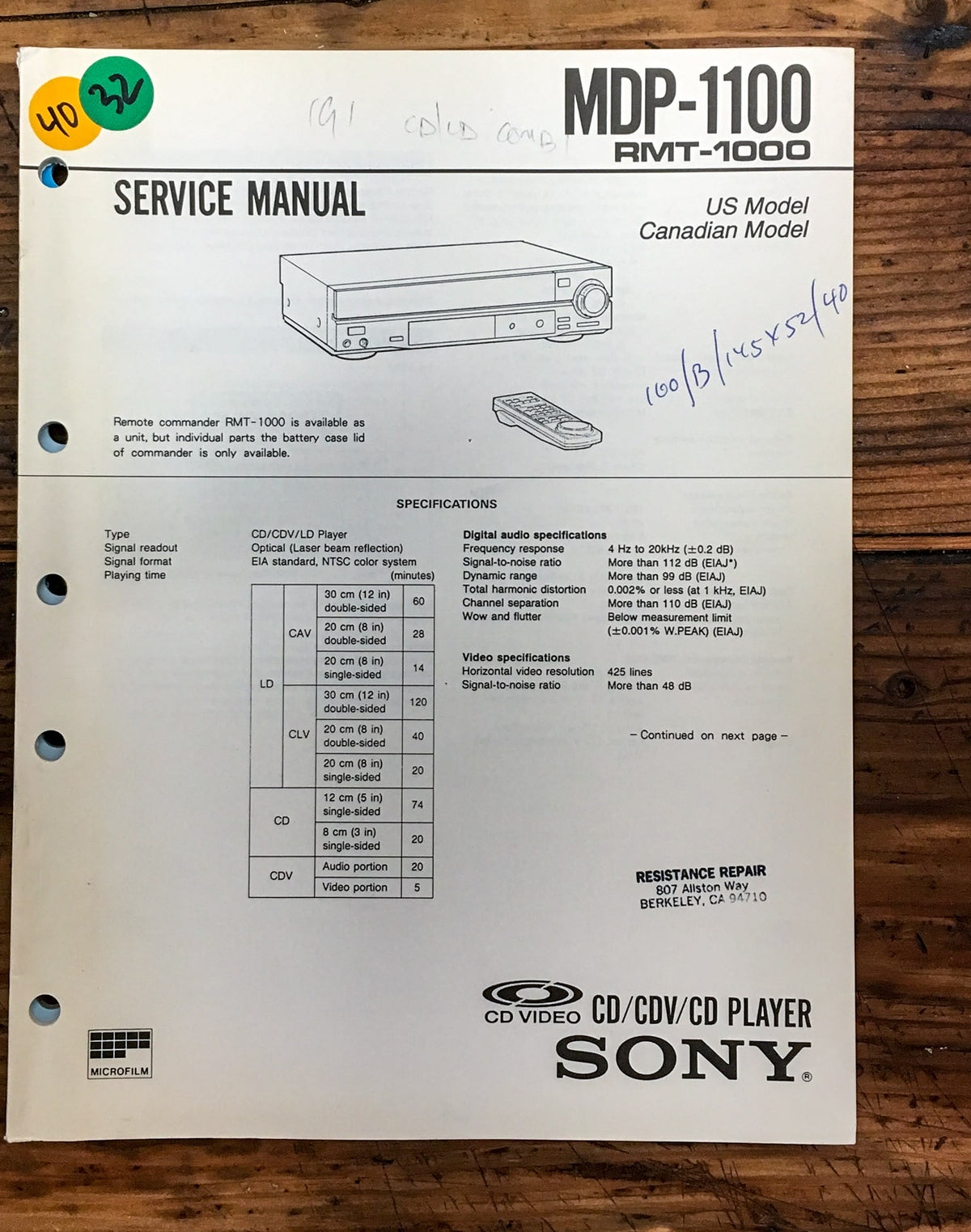 Sony MDP-1100 CD CDV LD Player Service Manual *Original*