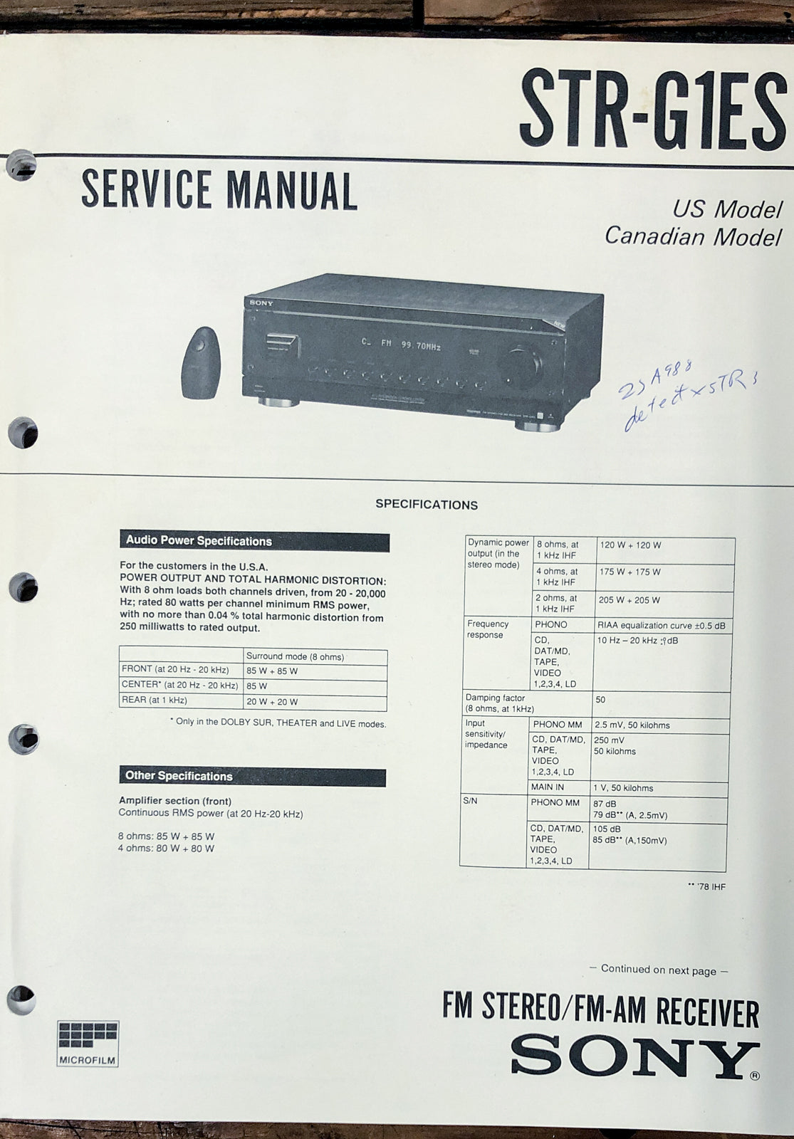 Sony STR-G1ES Receiver Service Manual *Original*