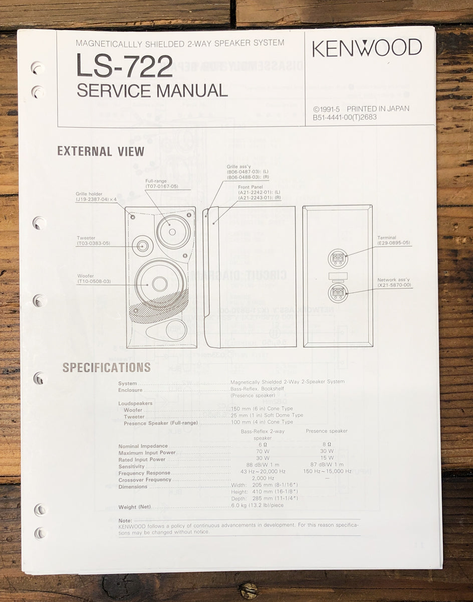 Kenwood LS-722 Speaker Service Manual *Original*