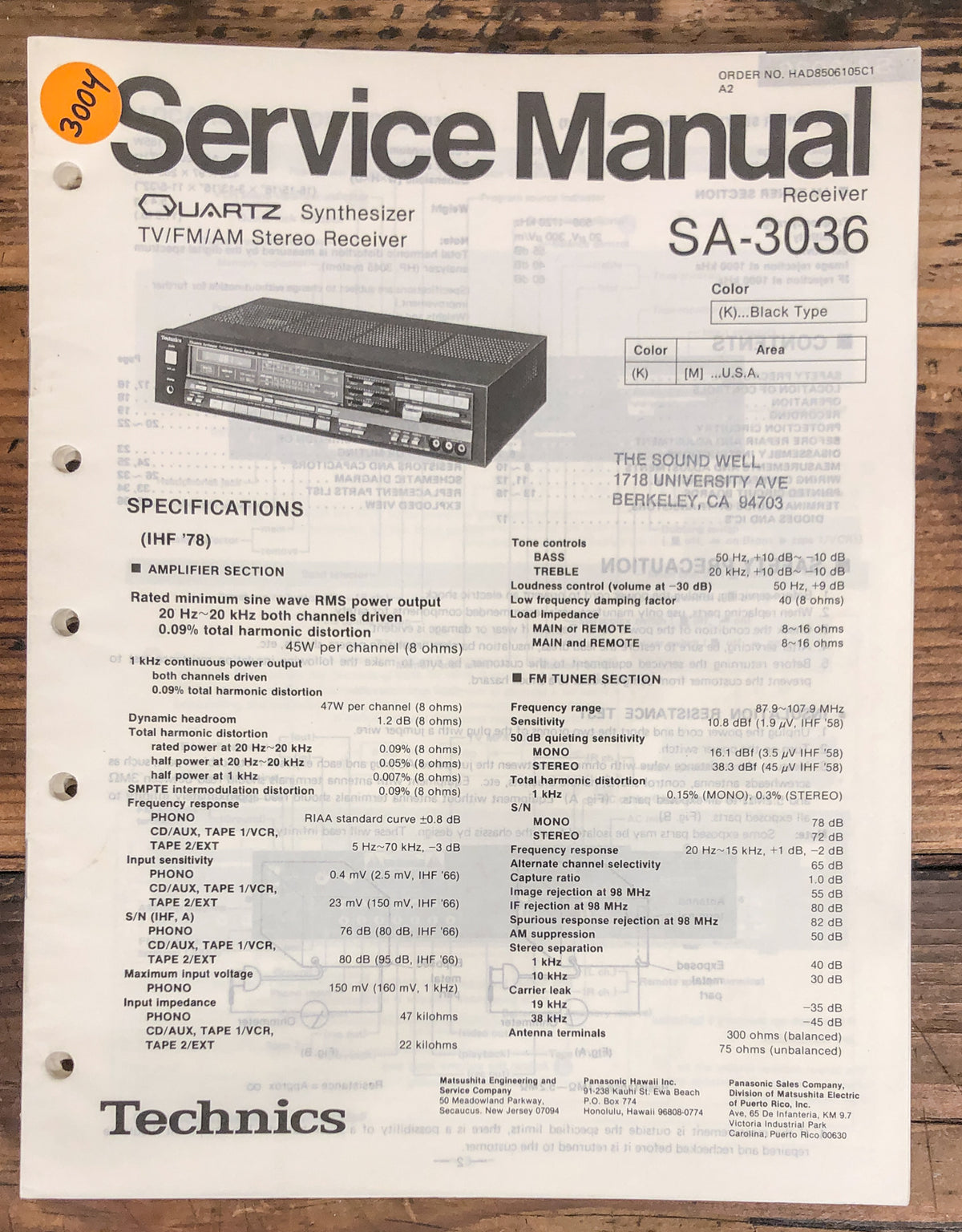 Technics SA-3036 Receiver Service Manual *Original*