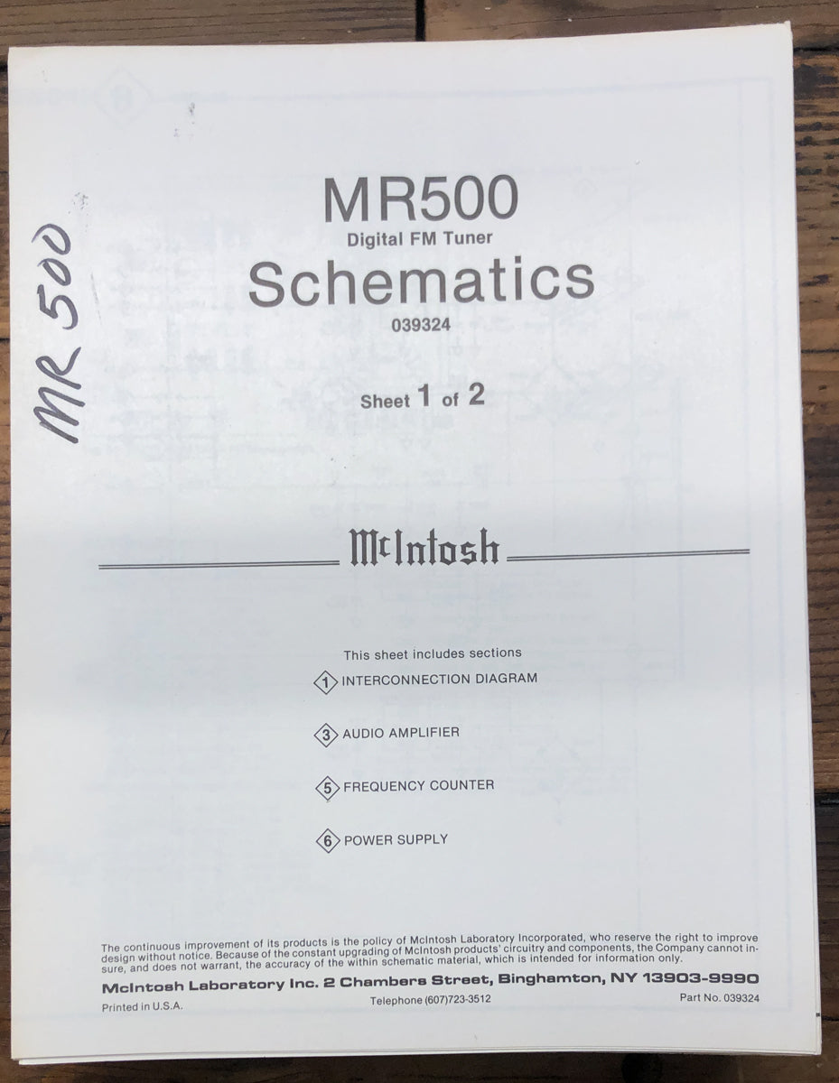 McIntosh MR500 MR-500 Tuner Schematic Manual *Original* #1