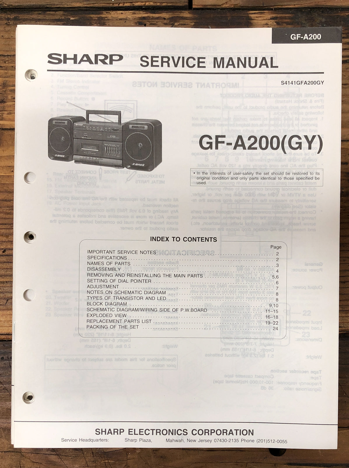 Sharp GF-A200 Radio Cassette Service Manual *Original*