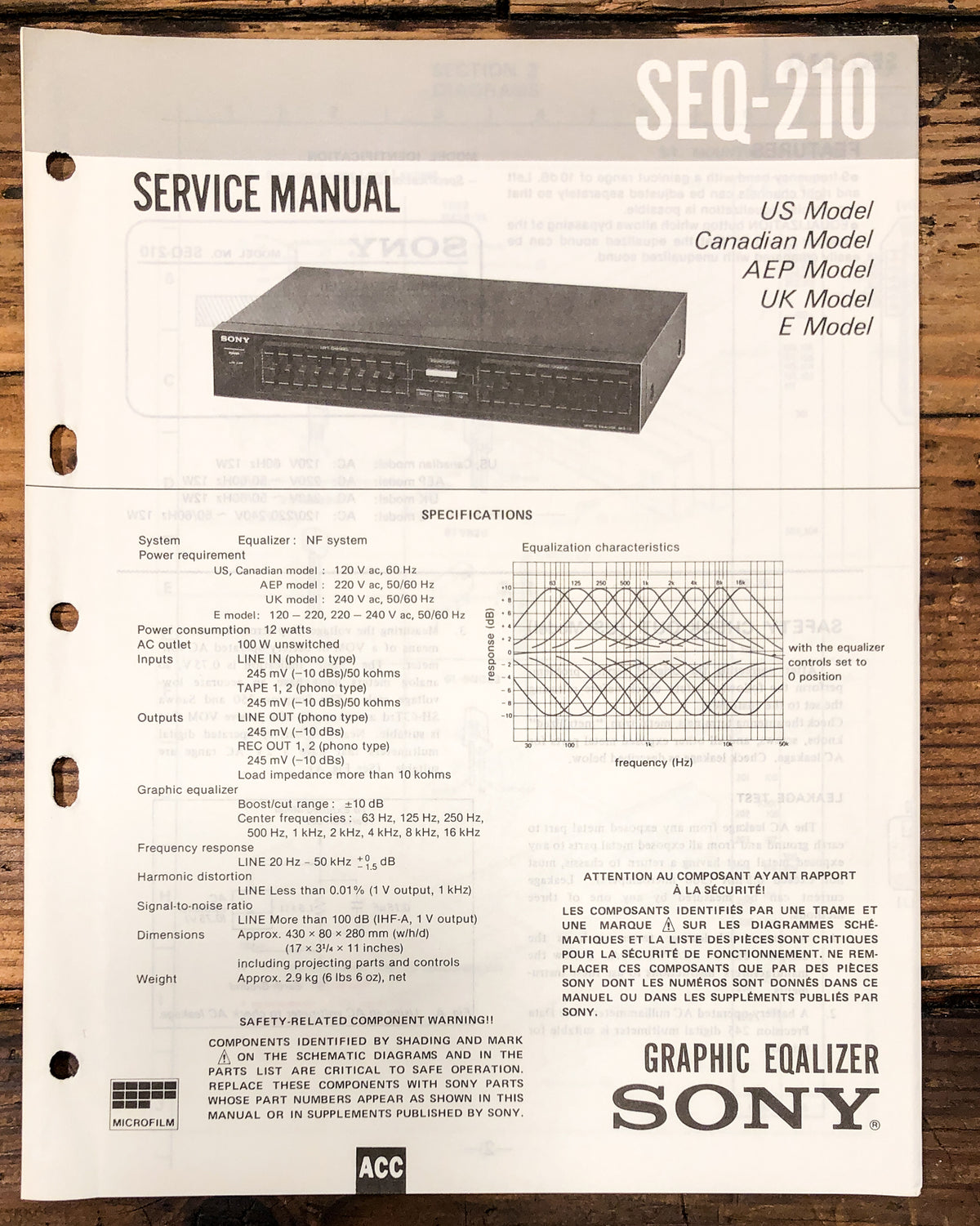 Sony SEQ-210 Equalizer Service Manual *Original*