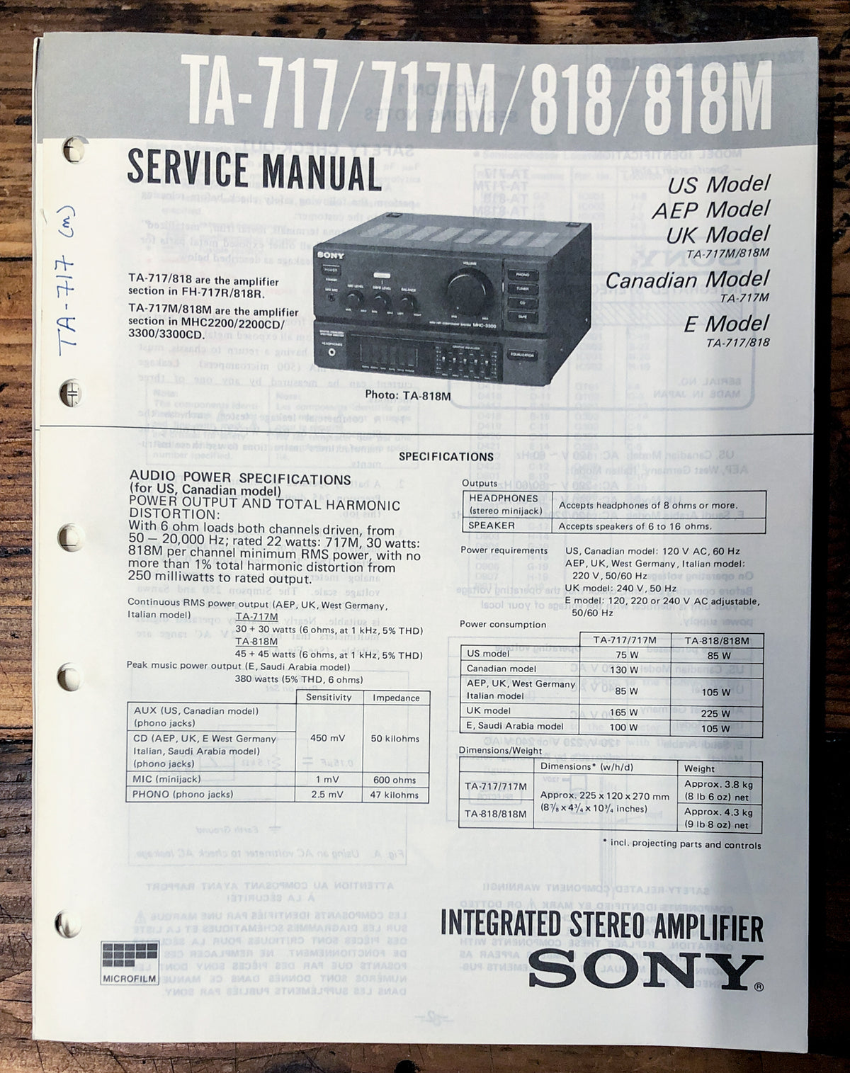 Sony TA-717 -717M -818 -818M Amplifier Service Manual *Original*