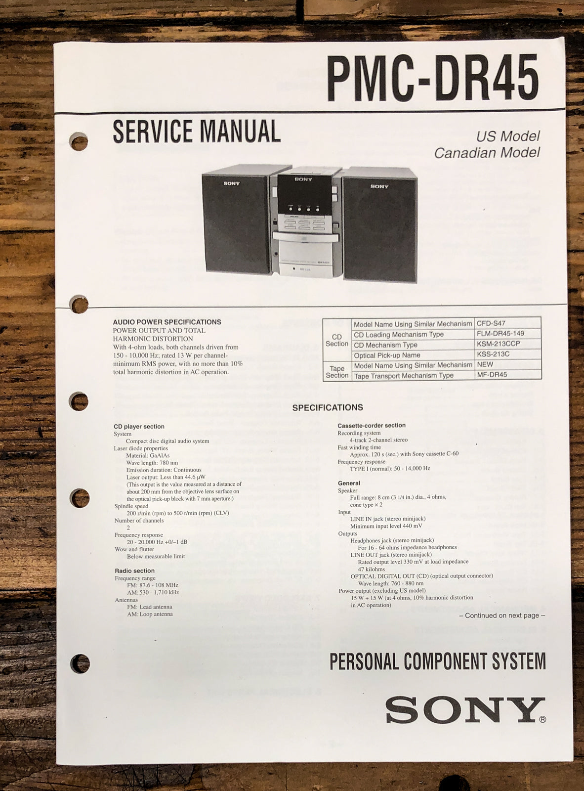 Sony PMC-DR45 Stereo Service Manual *Original*