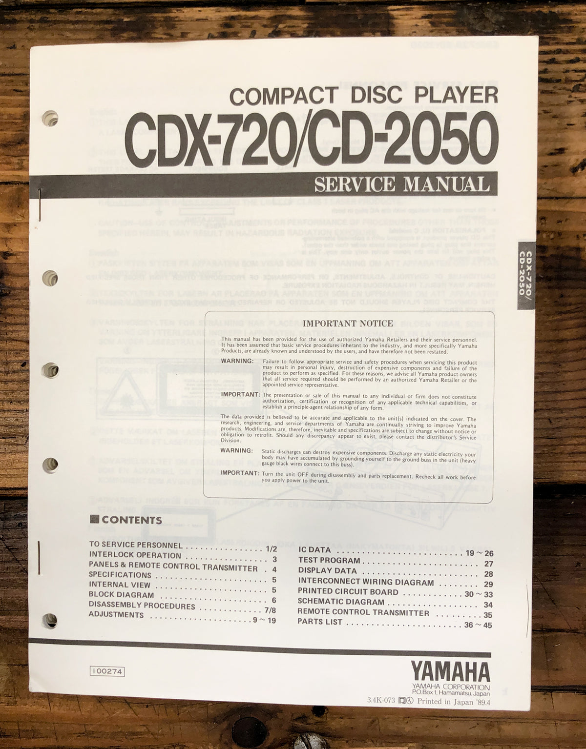 Yamaha CDX-720 CD-2050 CD Player Service Manual *Original*