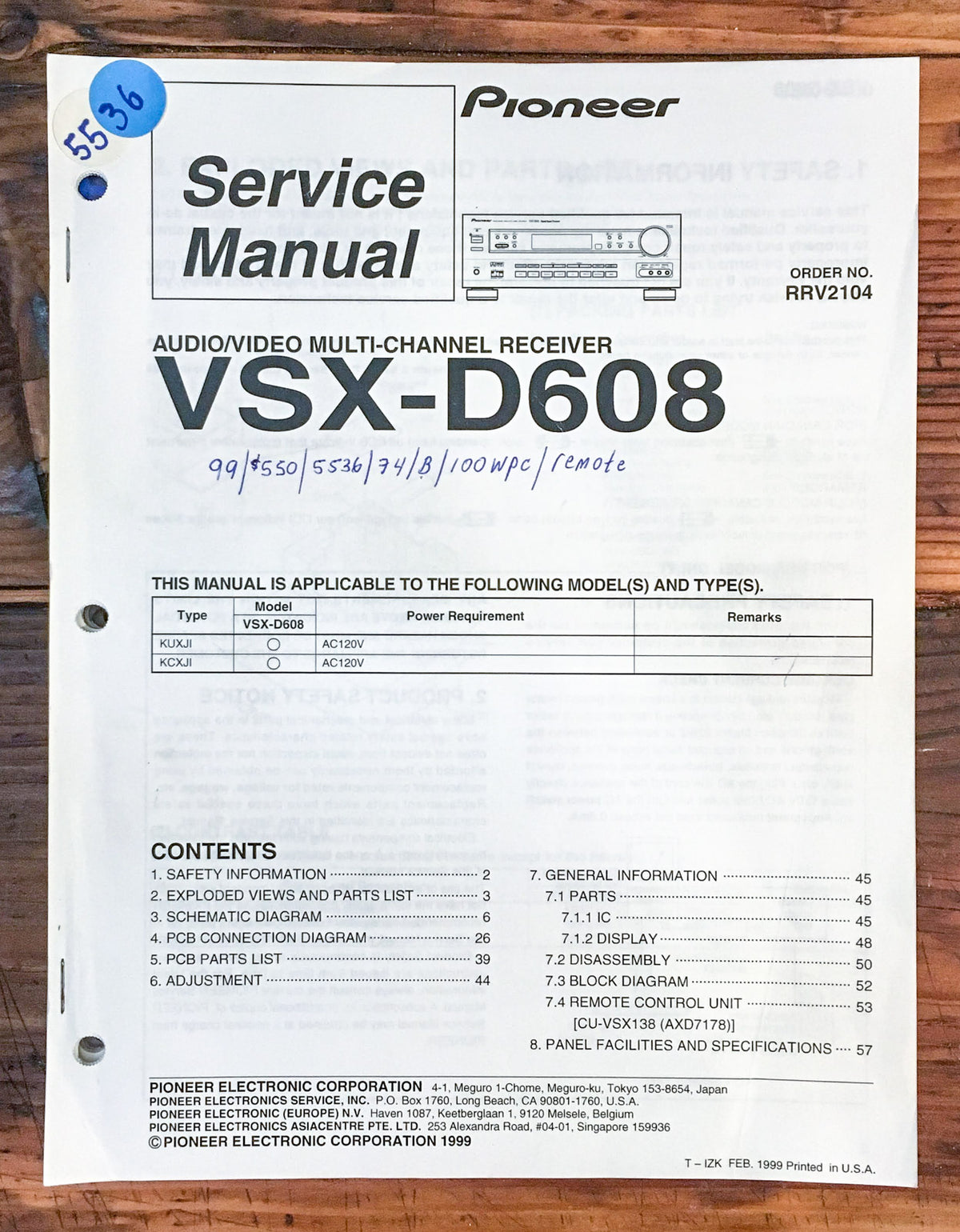 Pioneer VSX-D608 Receiver Service Manual *Original*