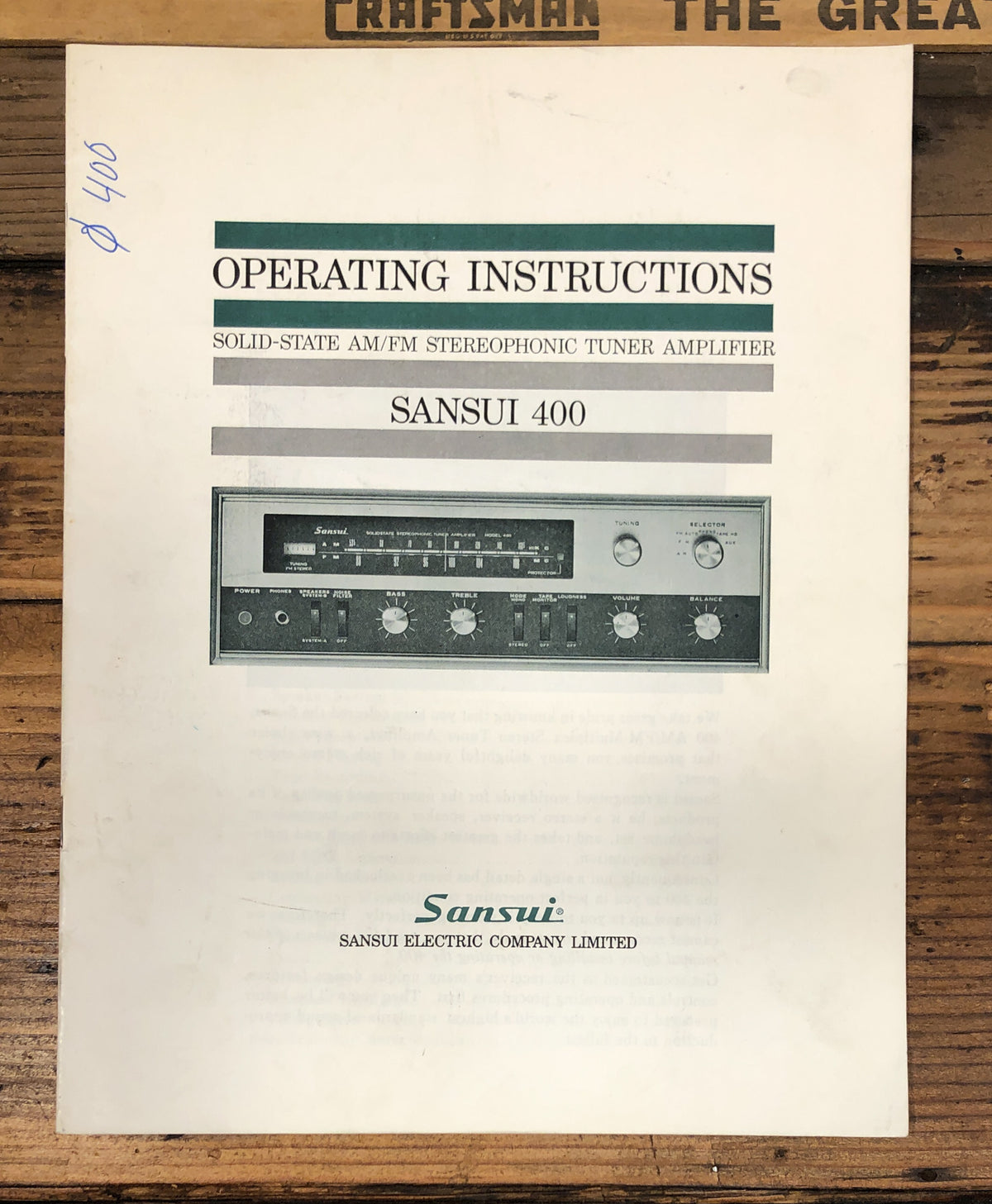 Sansui Model 400 Receiver Owners / User Manual *Original*