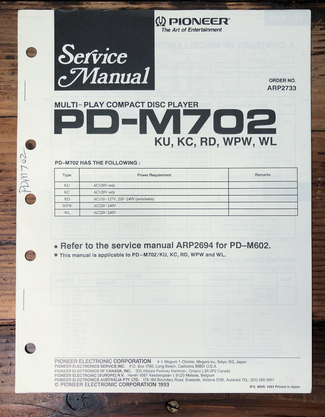 Pioneer PD-M702 CD Player Service Manual *Original*