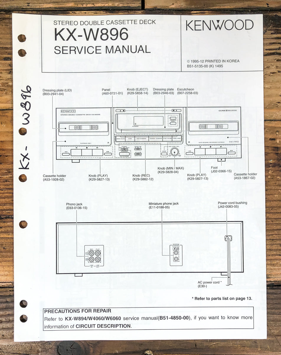 Kenwood KX-W896 Cassette Service Manual *Original*