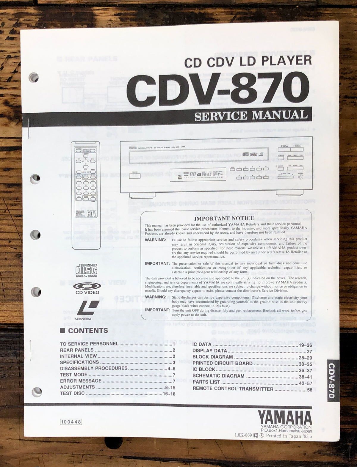 Yamaha CDV-870 CD CDV LD Player Service Manual *Original*