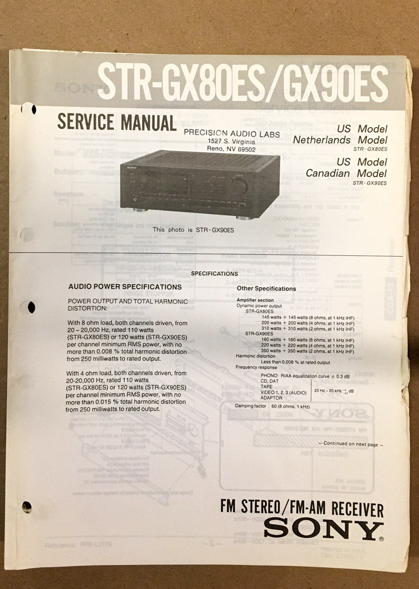 Sony STR-GX80ES STR-GX90ES Receiver Service Manual *Original*