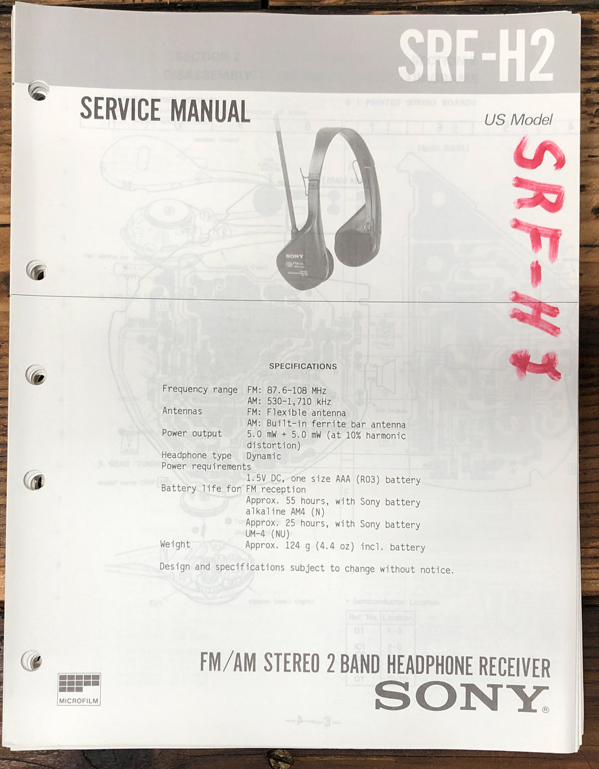 Sony SRF-H2 Portable Radio / Receiver Service Manual *Original*