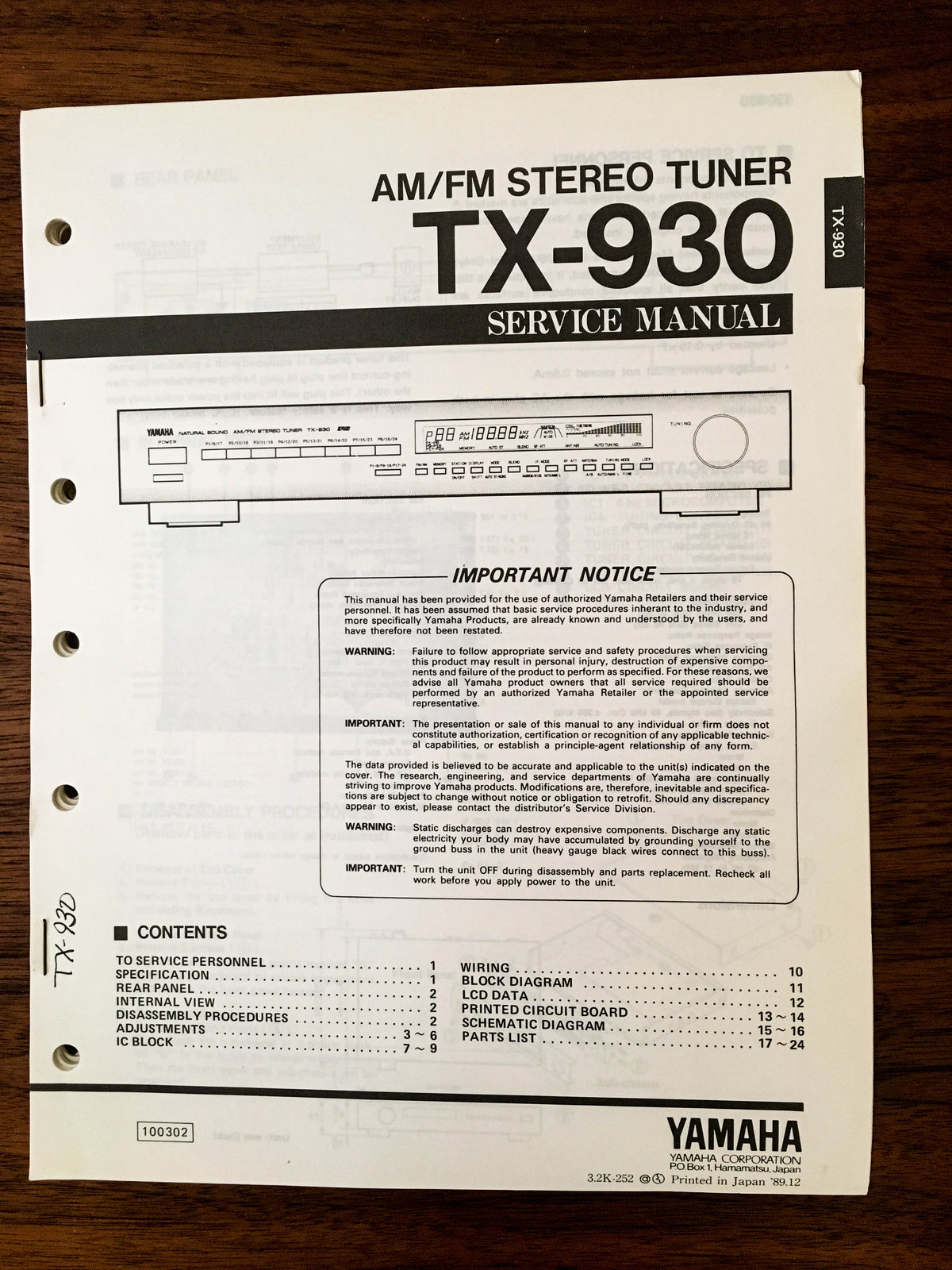 Yamaha TX-930 TUNER Service Manual *Original*