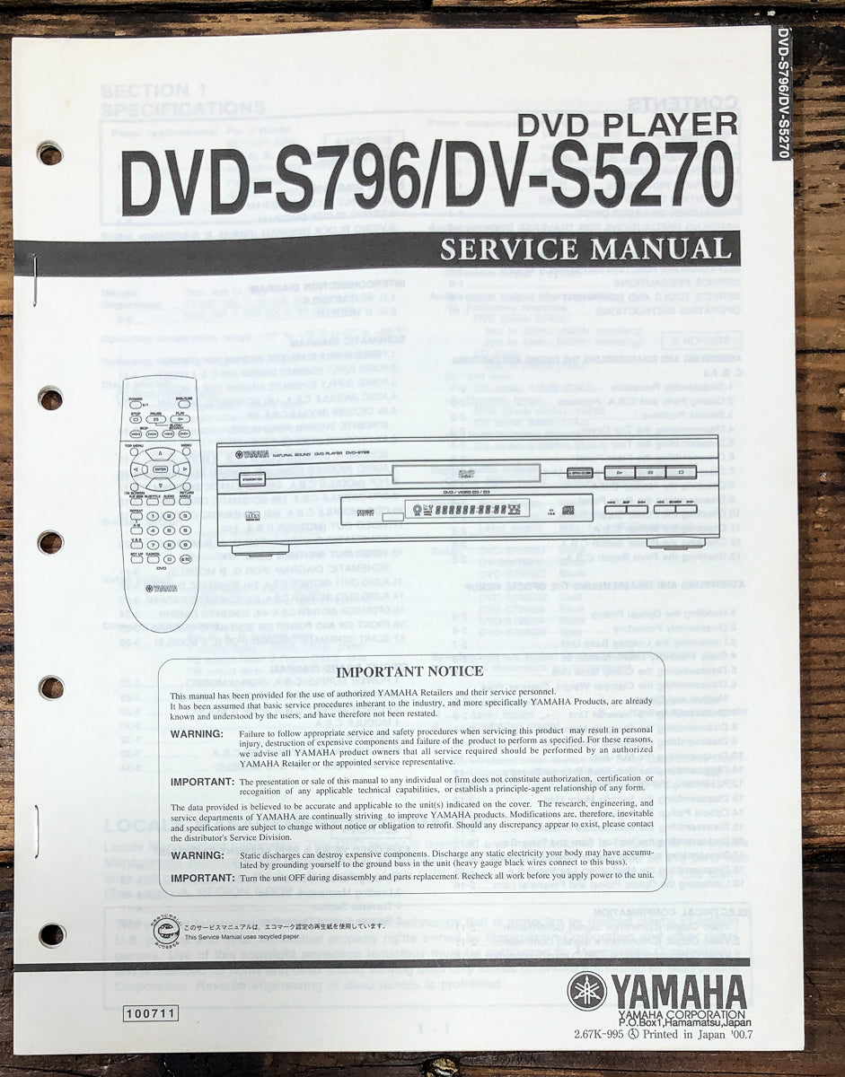 Yamaha DVD-S796 DV-S5270 DVD Player Service Manual *Original*