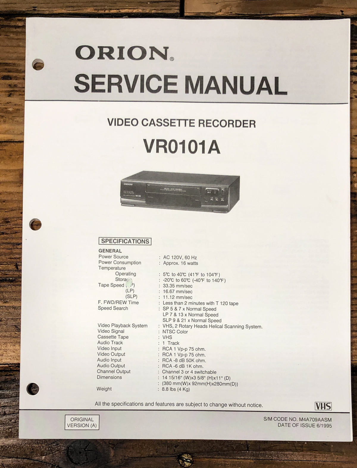Orion VR0101A VCR Service Manual *Original*