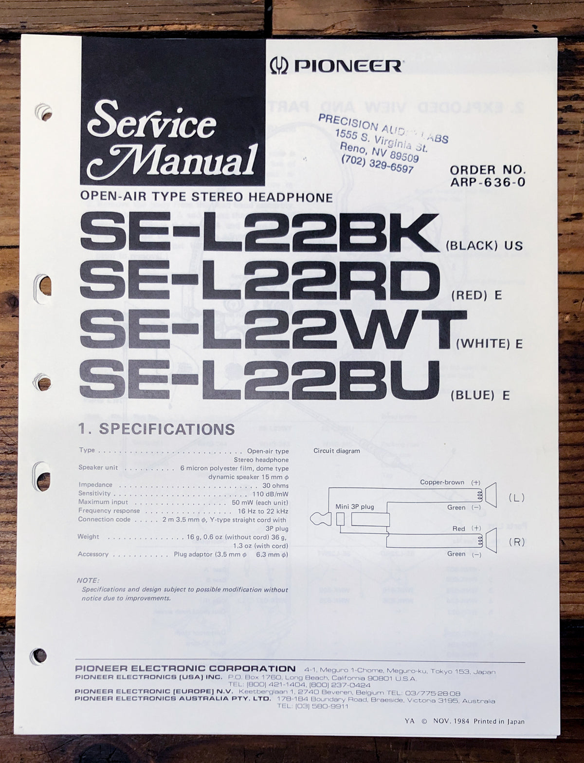 Pioneer SE-L22 BK RD WT BU Headphones Service Manual *Original*