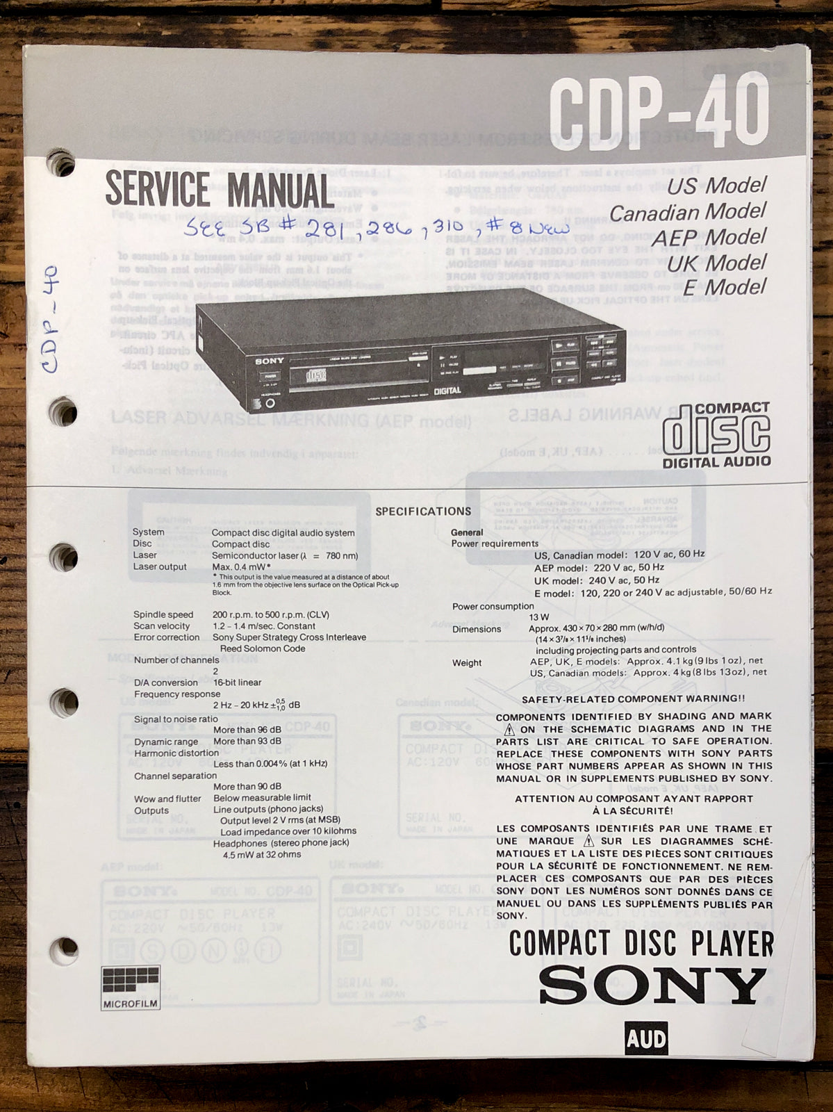 Sony CDP-40 CD Player Service Manual *Original*