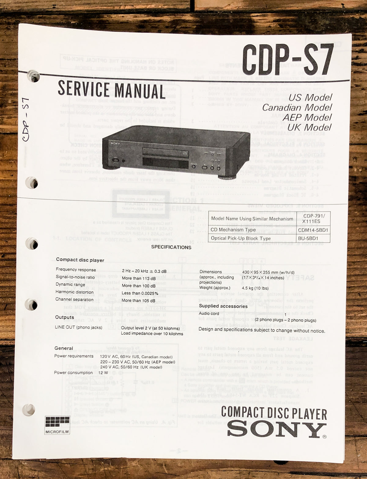 Sony CDP-S7 CD Player Service Manual *Original*