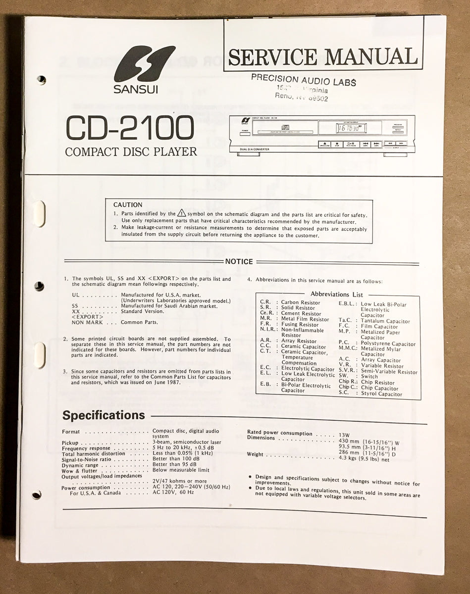 Sansui CD-2100 CD Player Service Manual *Original*