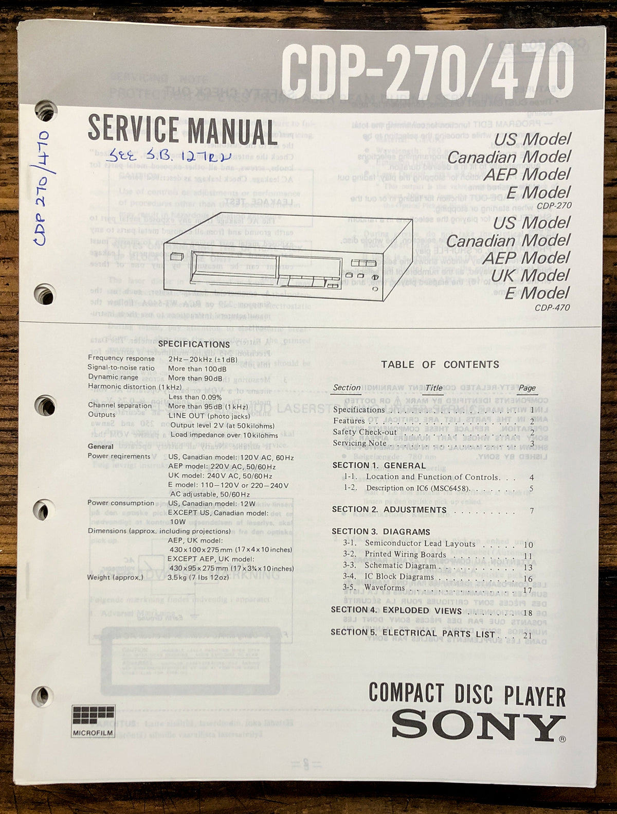 Sony CDP-270 CDP-470 CD Player Service Manual *Original*