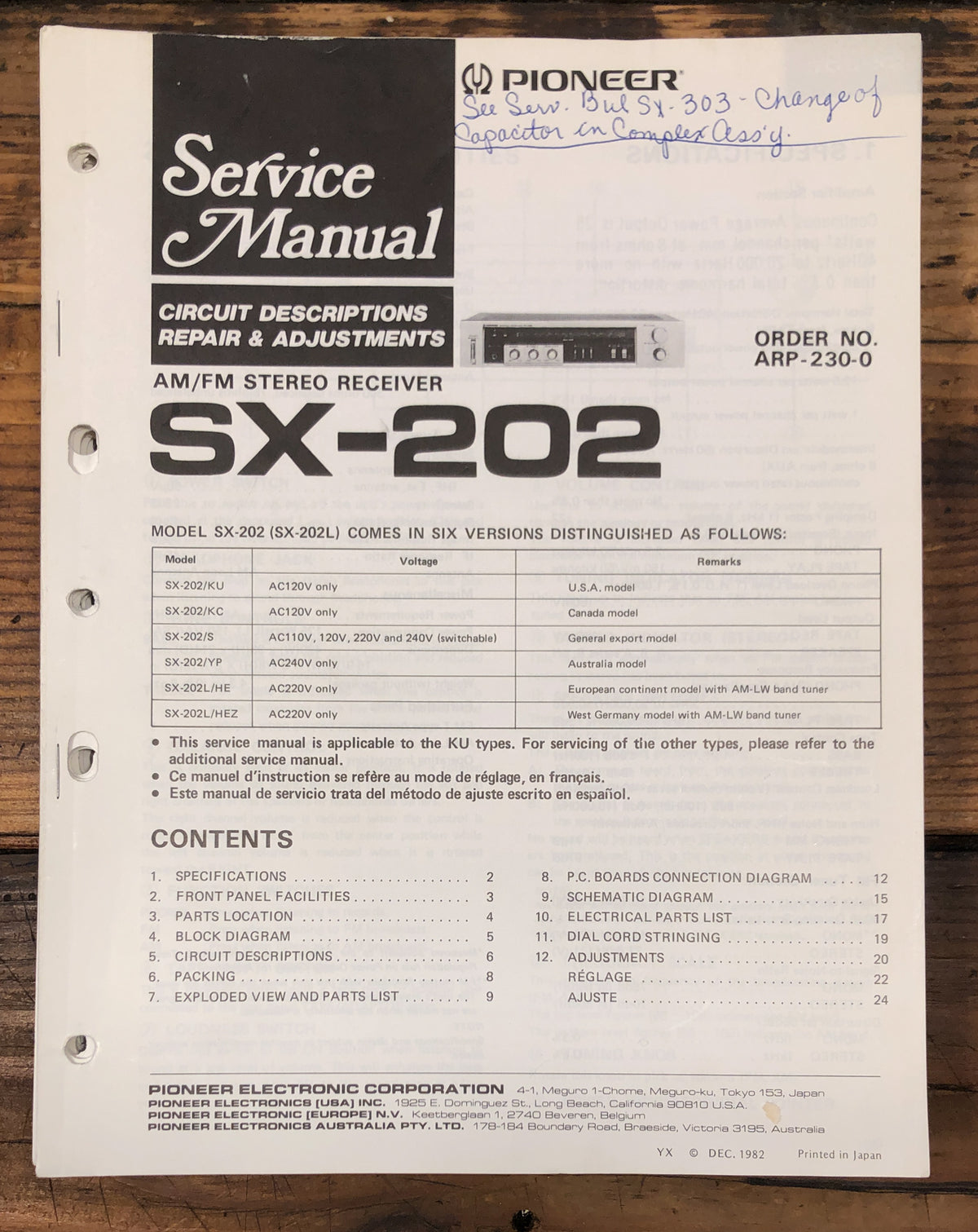Pioneer SX-202 Receiver Service Manual *Original*