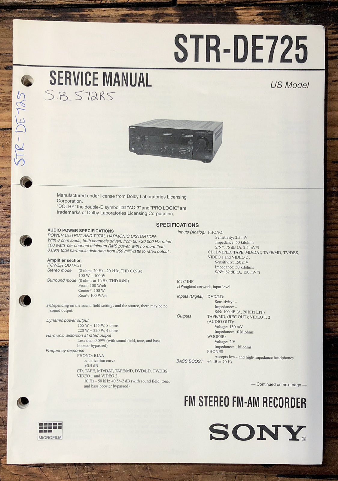 Sony STR-DE725 Receiver Service Manual *Original*