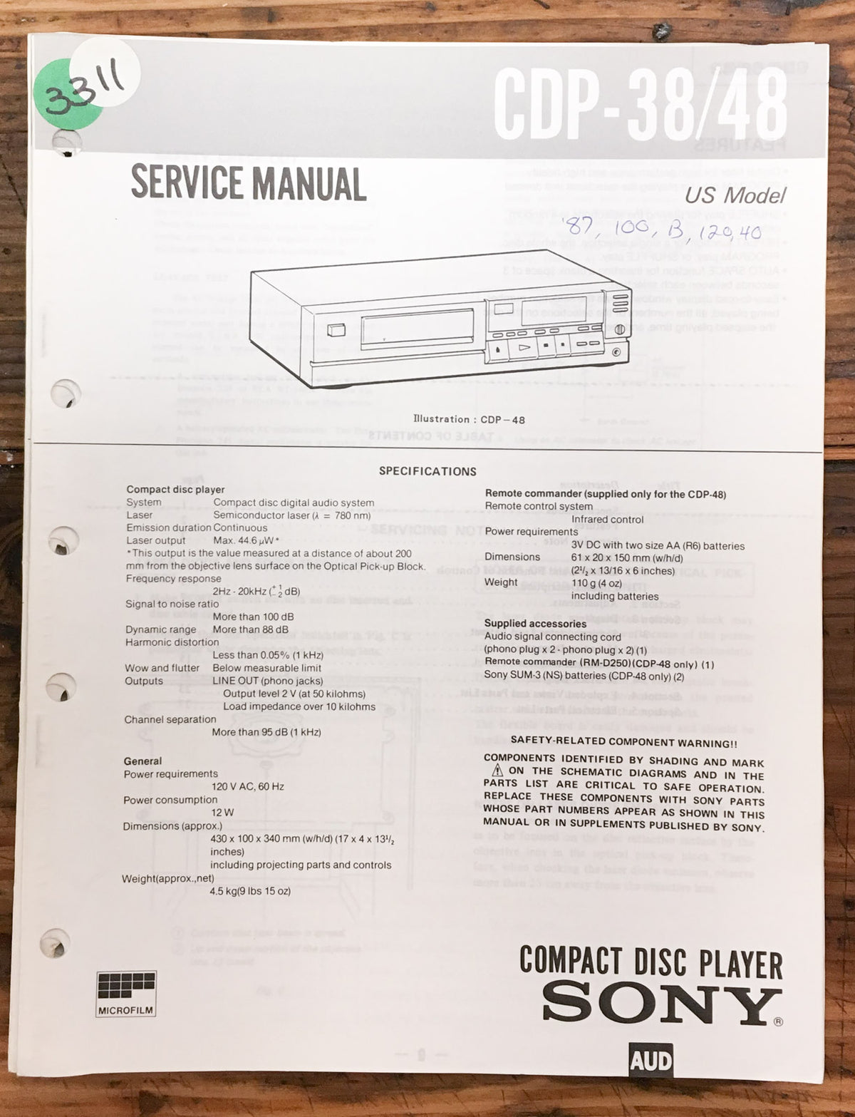 Sony CDP-38 CDP-48 CD Player Service Manual *Original*