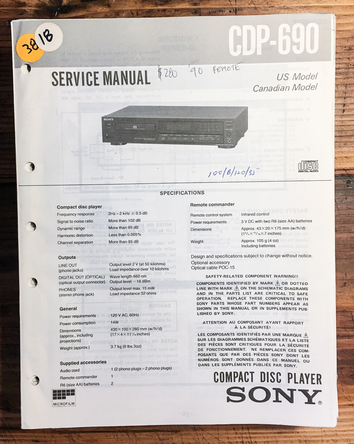 Sony CDP-690 CD Player Service Manual *Original*