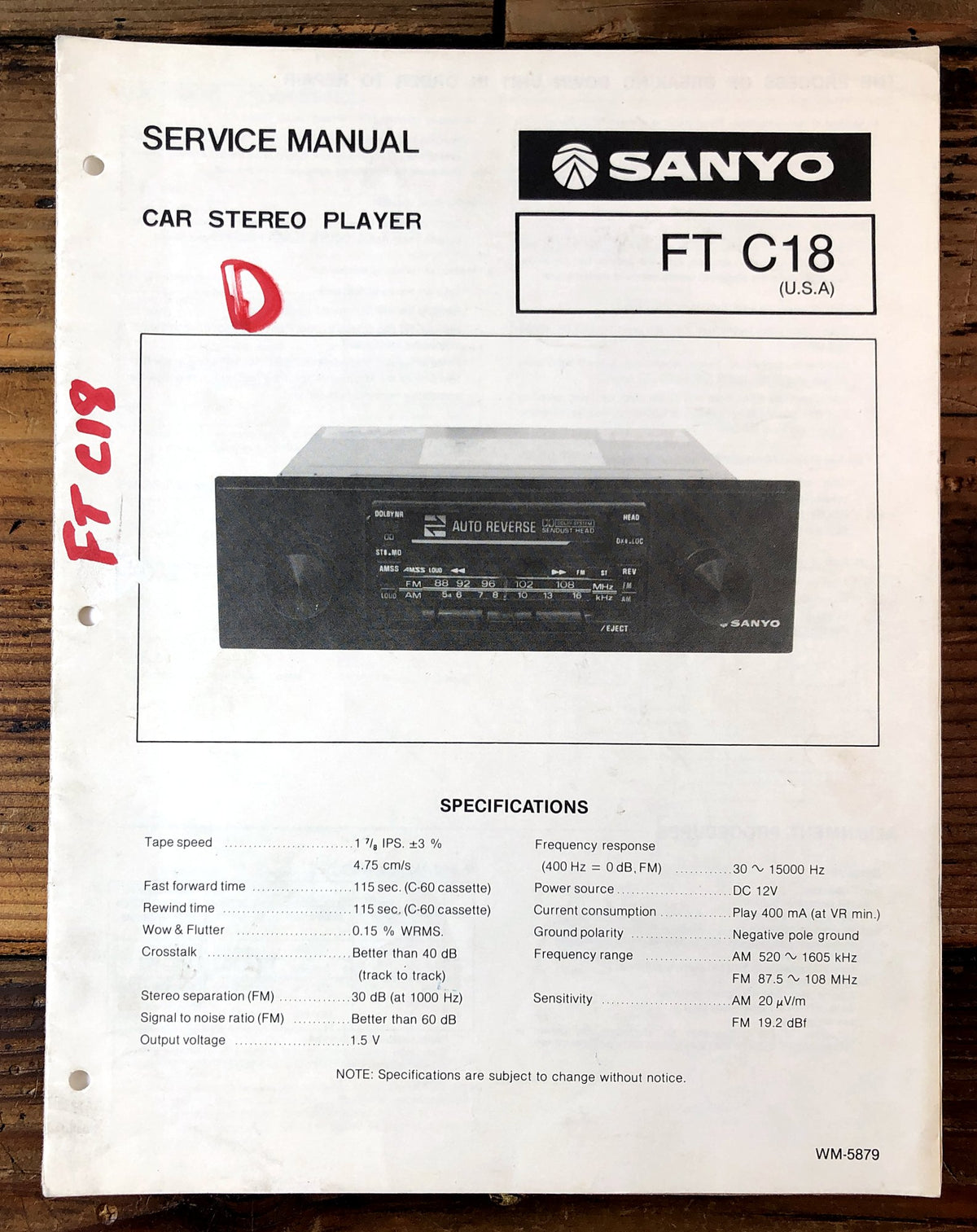 Sanyo FT C18 Car Stereo Player Service Manual *Original*
