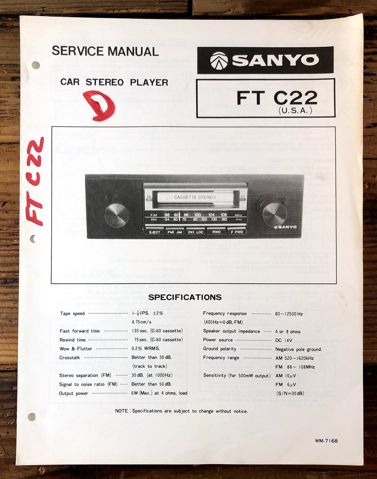 Sanyo FT C22 Car Stereo Player Service Manual *Original*