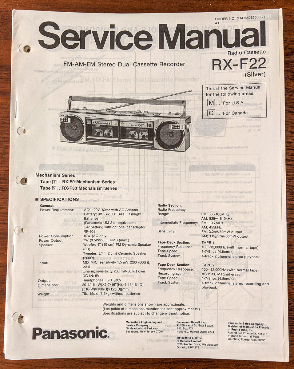 Panasonic RX-F22 Radio Cassette Service Manual *Original*