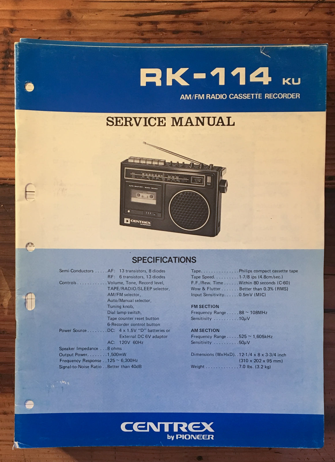 Pioneer RK-114 Radio Cassette Service Manual *Original*