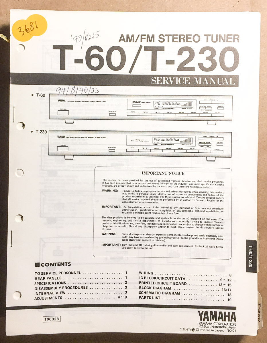 Yamaha T-60 T-230 Tuner Service Manual *Original*