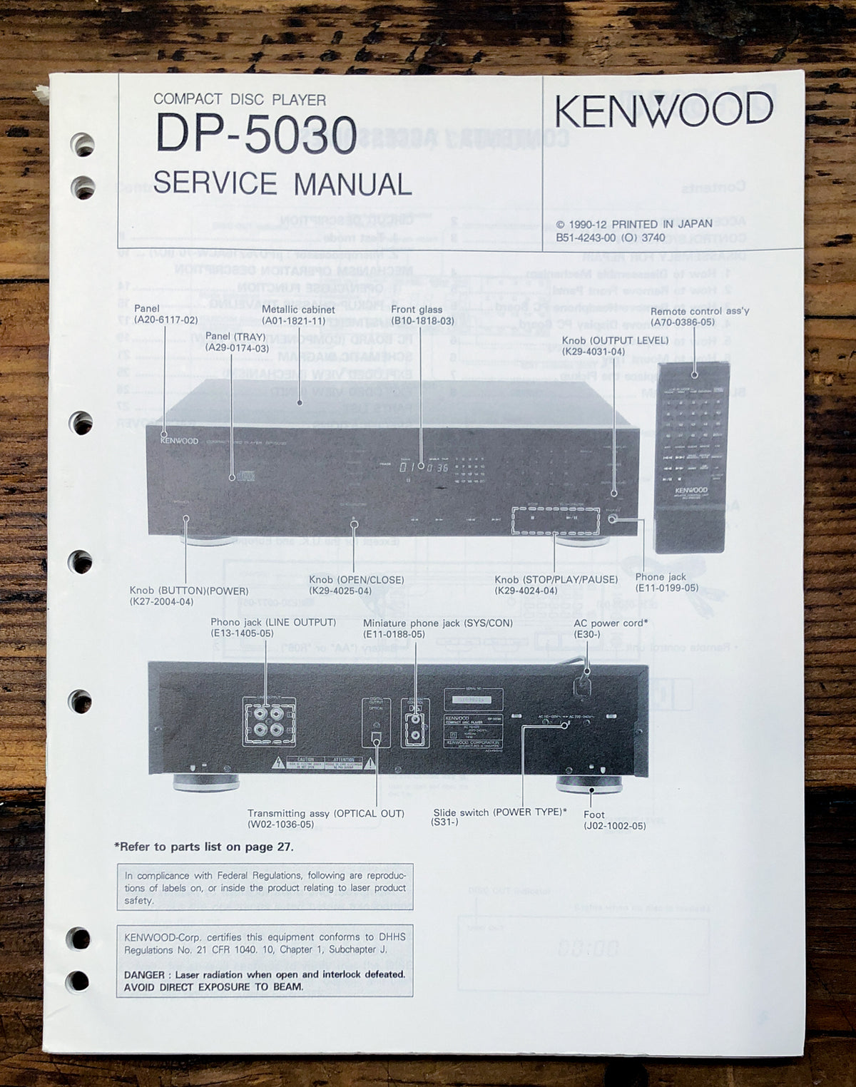 Kenwood DP-5030 CD Player Service Manual *Original*